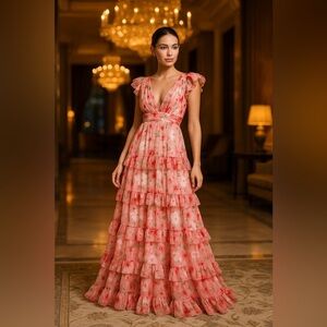 Mac Duggal Floral Ruffle Evening Gown Women’s Pink Maxi Dress Flutter Formal